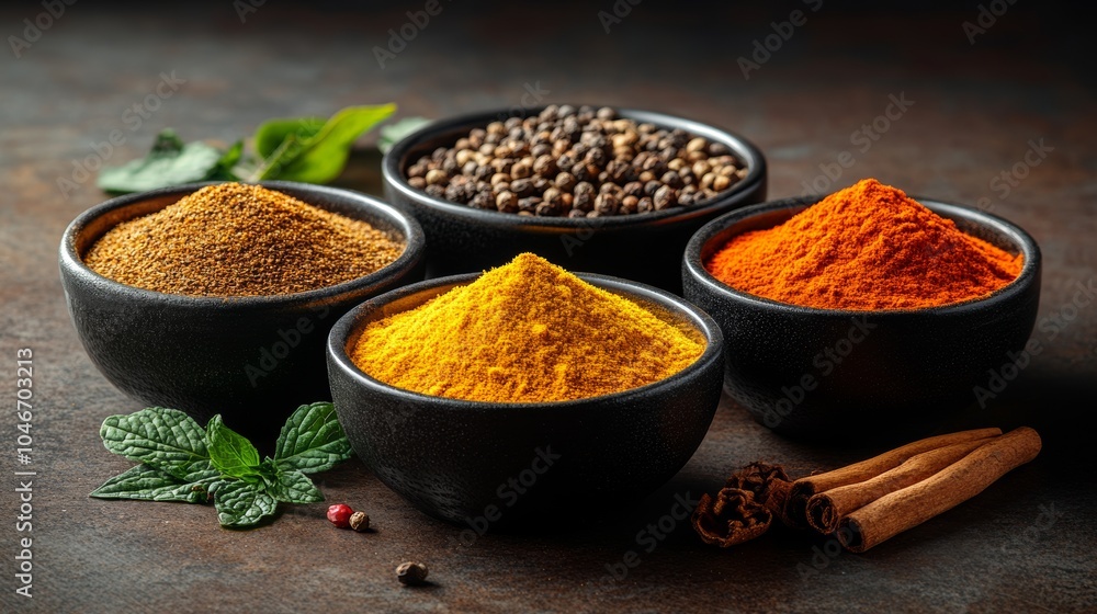 Aromatic Spices in Bowls with Cinnamon Sticks on Rustic Background Aromatic Spices in Bowls with Cinnamon Sticks on Rustic Background
