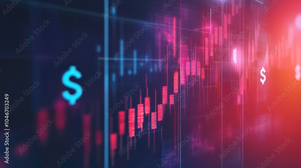 Fototapeta premium A stock market chart with red and blue candlestick patterns rising on a dark background with dollar symbols in the foreground.