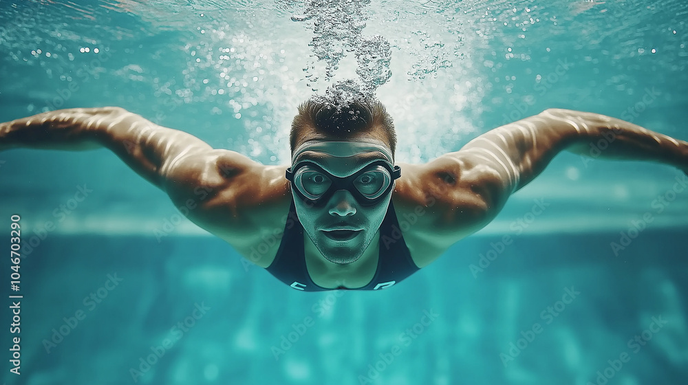 Fototapeta premium Pro Athlete Gliding Underwater in Streamline Position, Clear Pool View