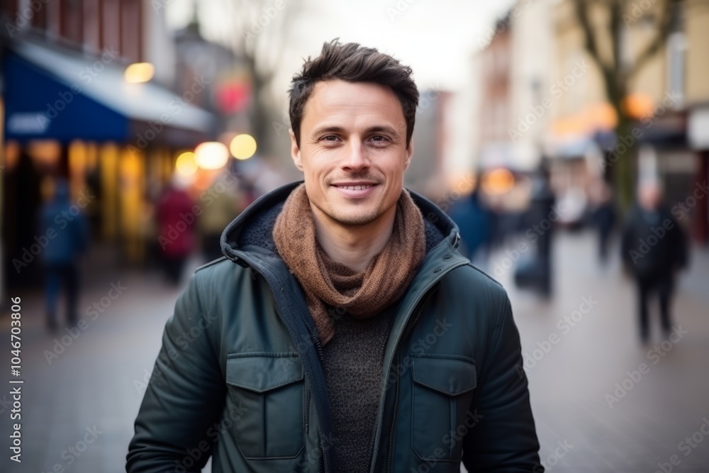 Portrait of a handsome young man smiling at the camera while walking in the city Portrait of a handsome young man smiling at the camera while walking in the city