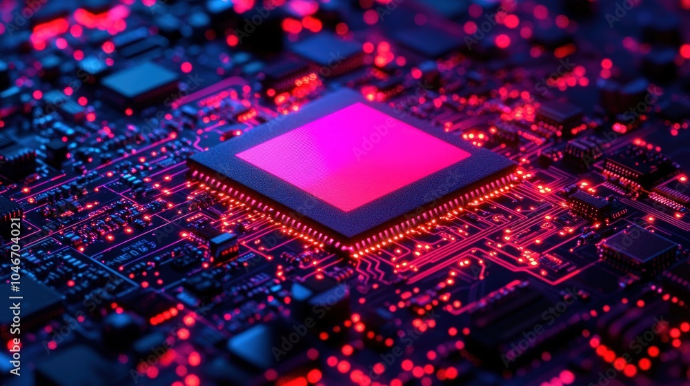 Close-up of a glowing pink CPU on a circuit board with red lights. Close-up of a glowing pink CPU on a circuit board with red lights.