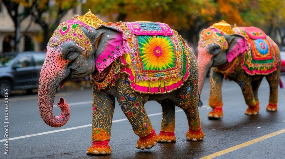 Obraz premium Decorated Elephants Walking on City Street India Festival Celebration