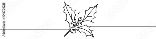 Continuous line drawing of holly berries and leaves creating a festive image for christmas projects. Vector illustration.
