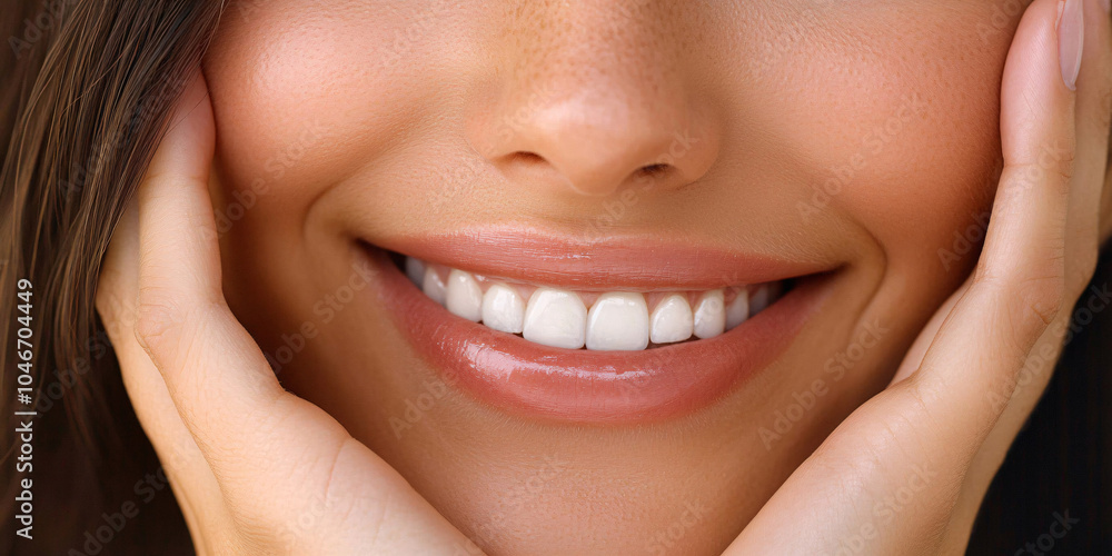 Obraz premium High-quality crop photo of skincare and cosmetics concept with copy space for text. Woman with beautiful face touching healthy facial skin portrait. Beautiful happy girl model with natural 