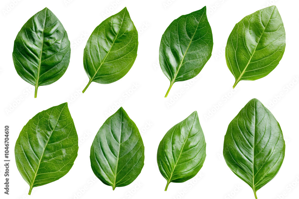 A set of fresh basil leaves with smooth edges, isolated on a transparent background, PNG file. A set of fresh basil leaves with smooth edges, isolated on a transparent background, PNG file.