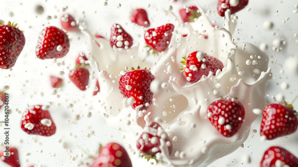 The process of making a milkshake with juicy ripe delicious strawberries, top view. White background with splashes of red strawberries and milk. Strawberries float in milk The process of making a milkshake with juicy ripe delicious strawberries, top view. White background with splashes of red strawberries and milk. Strawberries float in milk