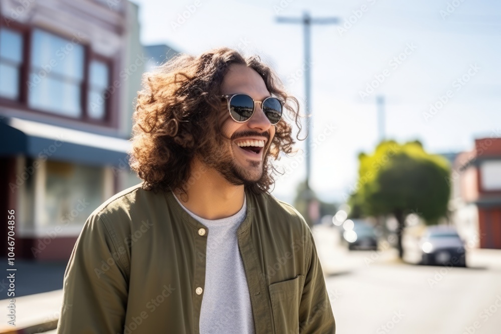 Portrait of a handsome young man with curly hair wearing sunglasses in the city Portrait of a handsome young man with curly hair wearing sunglasses in the city