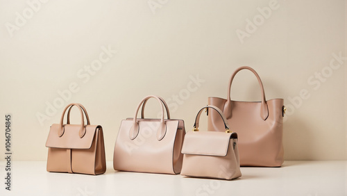 Series of handbags placed on minimal design backgrounds