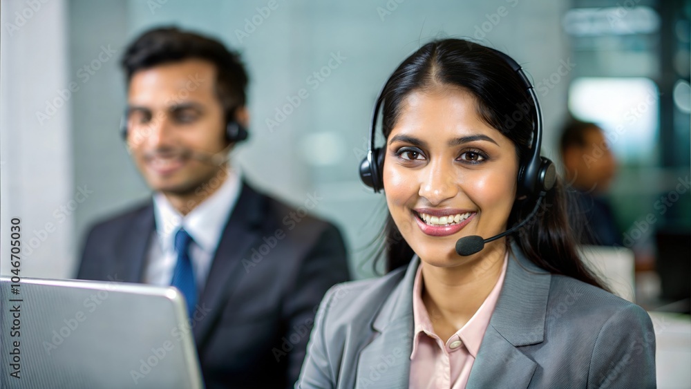 An Indian customer service representative assisting a client over the phone in a call center.
An Indian customer service representative assisting a client over the phone in a call center.