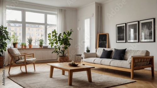 Stylish scandinavian living room with design furniture, plants, bamboo bookstand and wooden desk. Brown wooden parquet. Abstract painting on the white wall. Nice apartment. Modern decor of bright room