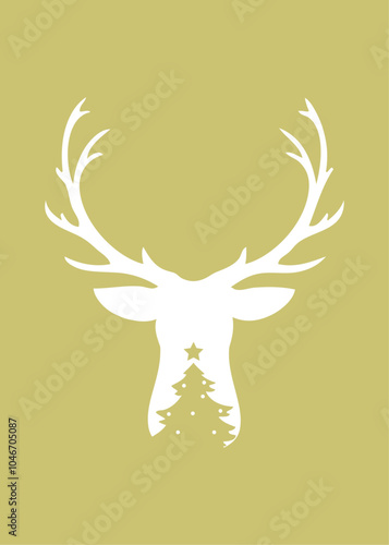 Tiempo de Navidad. Banner vertical con silueta de la cabeza del reno Rudolph o de ciervo con árbol de navidad con estrella en espacio negativo 