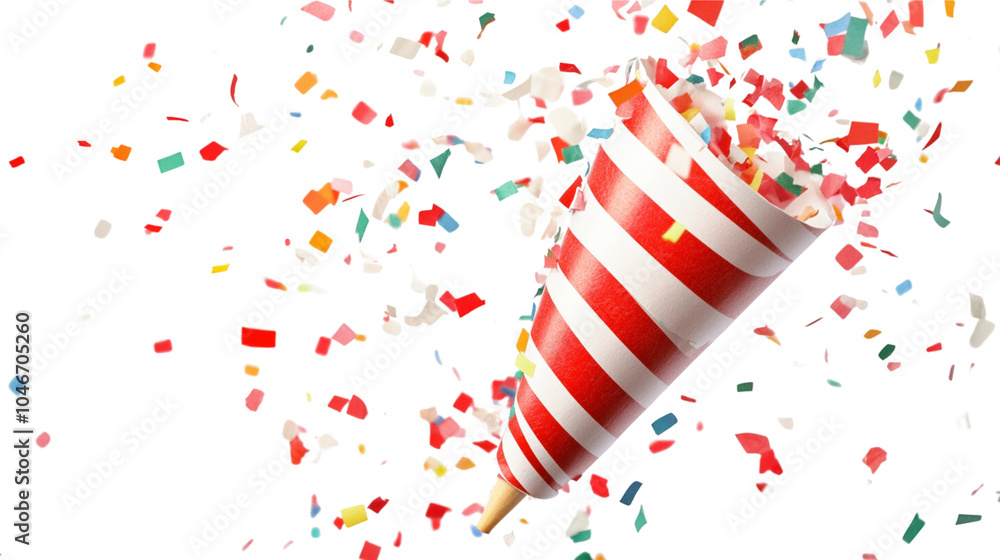 White background, red and white striped party popper with colorful confetti flying around it White background, red and white striped party popper with colorful confetti flying around it