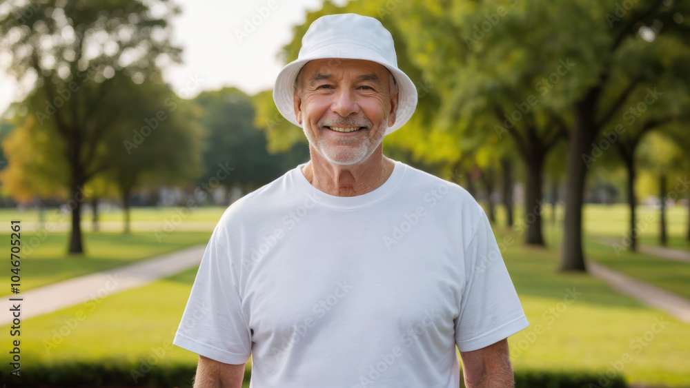 Senior man wearing white t-shirt and white bucket hat standing in the park Senior man wearing white t-shirt and white bucket hat standing in the park