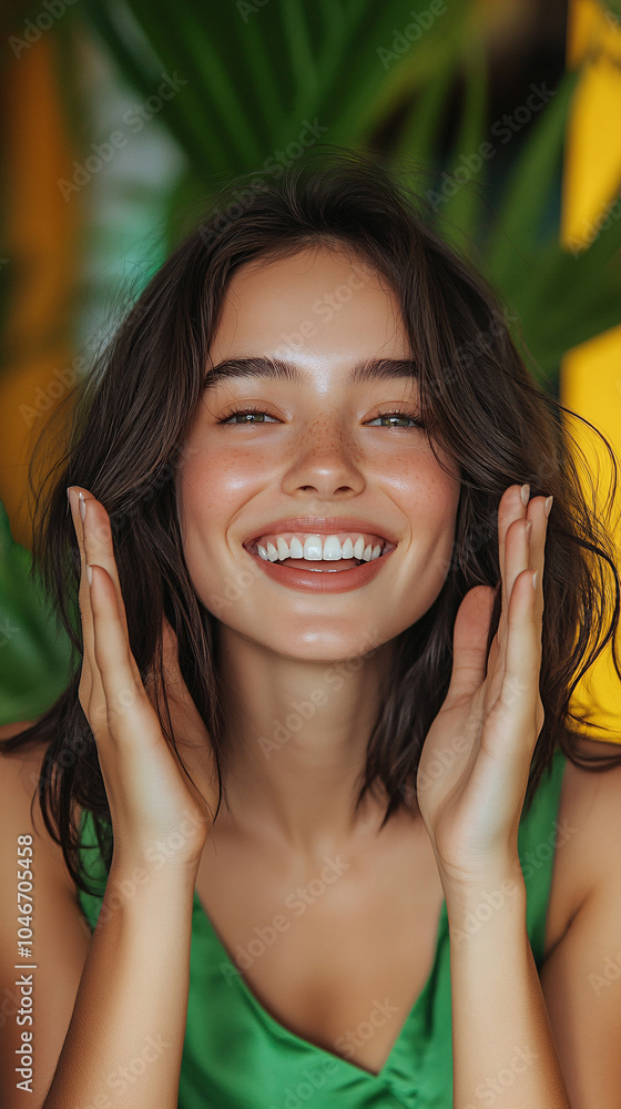 High-quality crop photo of skincare and cosmetics concept with copy space for text. Woman with beautiful face touching healthy facial skin portrait. Beautiful happy girl model with natural
High-quality crop photo of skincare and cosmetics concept with copy space for text. Woman with beautiful face touching healthy facial skin portrait. Beautiful happy girl model with natural