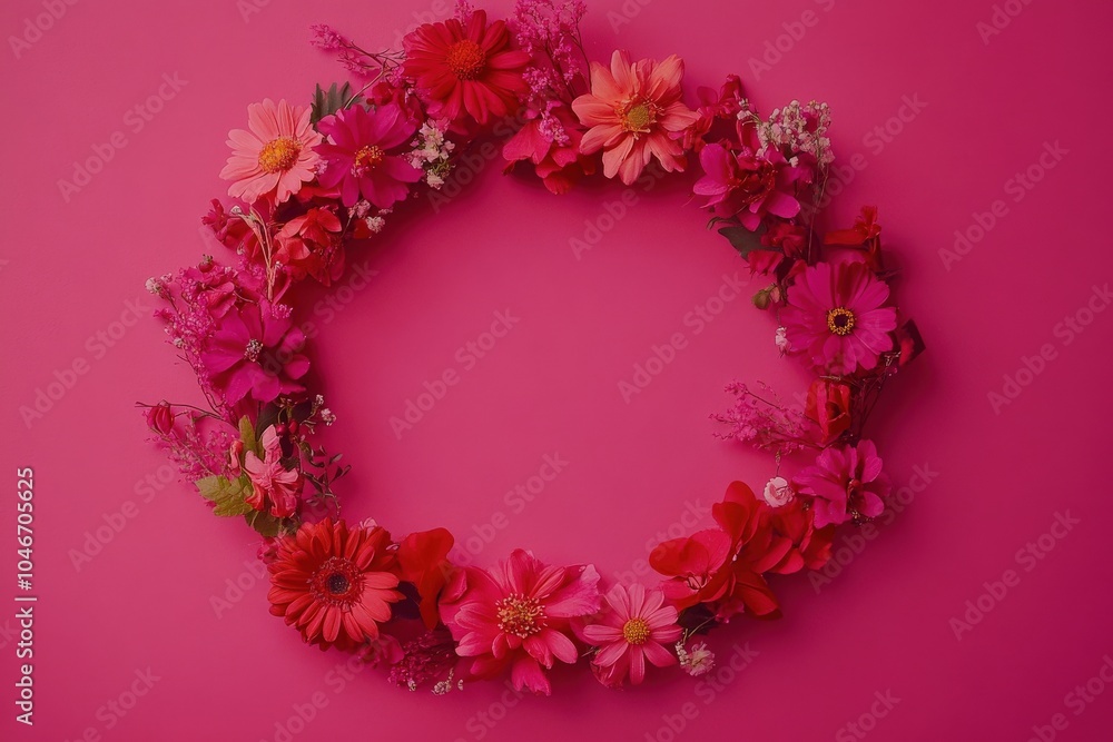 Feminine Flatlay. Mother's Day Floral Wreath on Pink Background for Valentines and International Women's Day Feminine Flatlay. Mother's Day Floral Wreath on Pink Background for Valentines and International Women's Day