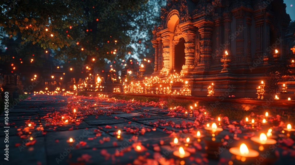 Fototapeta premium Temple Pathway with Candles and Flower Petals at Night