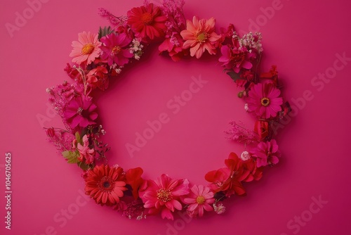 Feminine Flatlay. Mother's Day Floral Wreath on Pink Background for Valentines and International Women's Day