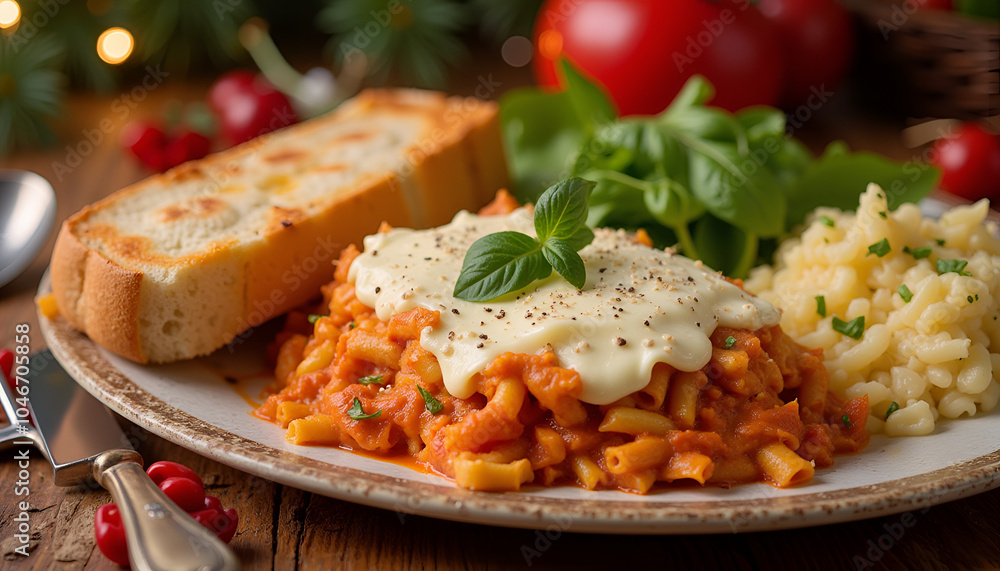 Delicious pasta dish with cheese sauce, rice, and garlic bread on wooden table Delicious pasta dish with cheese sauce, rice, and garlic bread on wooden table