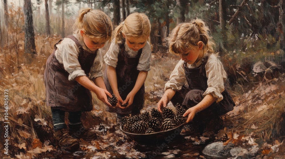 Children collecting pinecones Children collecting pinecones