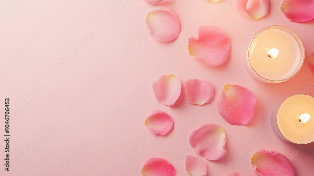 Photo of, Pink background with scattered rose petals and glowing candles in romantic ambiance for design, banner template Photo of, Pink background with scattered rose petals and glowing candles in romantic ambiance for design, banner template