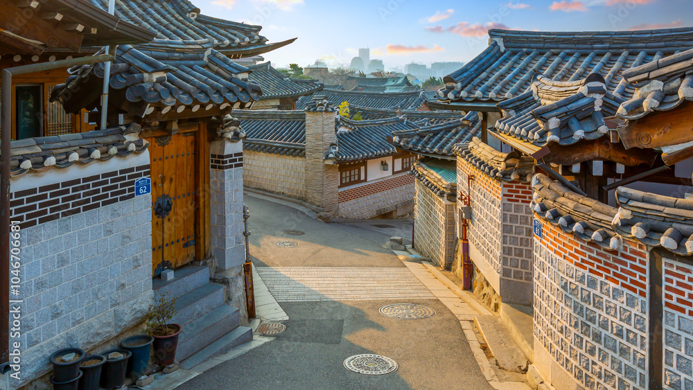 Naklejka premium Traditional Korean style architecture at Bukchon Hanok Village in Seoul, South Korea, Bukchon Hanok Village in Seoul, South Korea, History culture of Seoul Bukchon Hanok, South Korea.