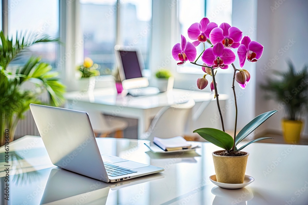 Fototapeta premium Beautiful Orchid on White Table in a Modern Office Setting – Tilt-Shift Photography for Office Decor Inspiration, Indoor Plants, Minimalist Design, and Floral Arrangement Ideas