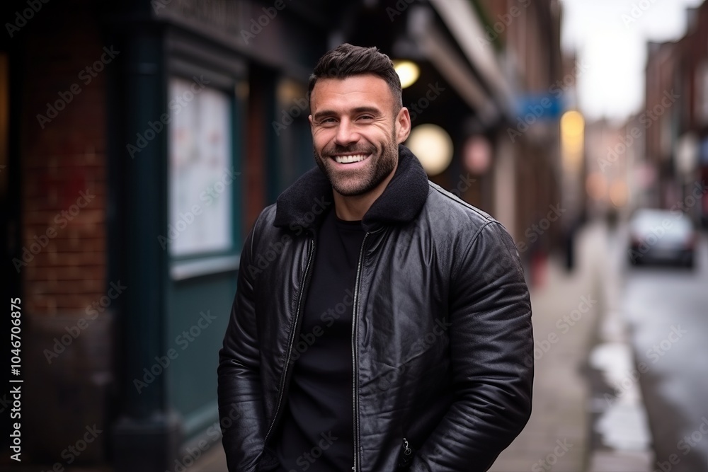 Portrait of a handsome young man in a leather jacket smiling at the camera while standing in an urban street. Portrait of a handsome young man in a leather jacket smiling at the camera while standing in an urban street.