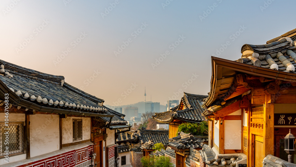 Traditional Korean style architecture at Bukchon Hanok Village in Seoul ...
