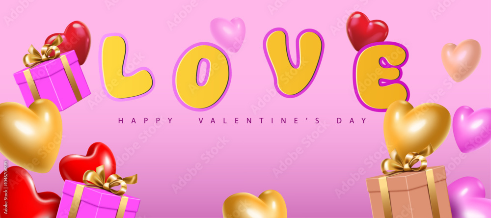 Fototapeta premium gift boxes and shiny hearts decorative abstract love concept banner.happy valentines day modern and creative background, greeting card and poster vector illustration.