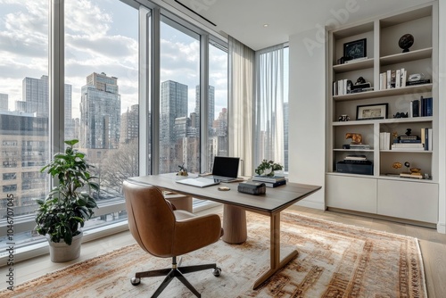 modern home office, a peaceful work space with scandinavian design, featuring a tidy desk and large windows for natural light photo