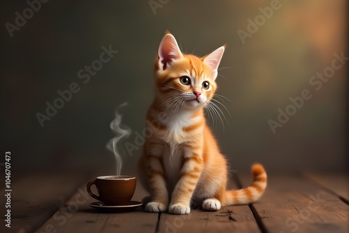 close up of brown striped cat with white coffee cup