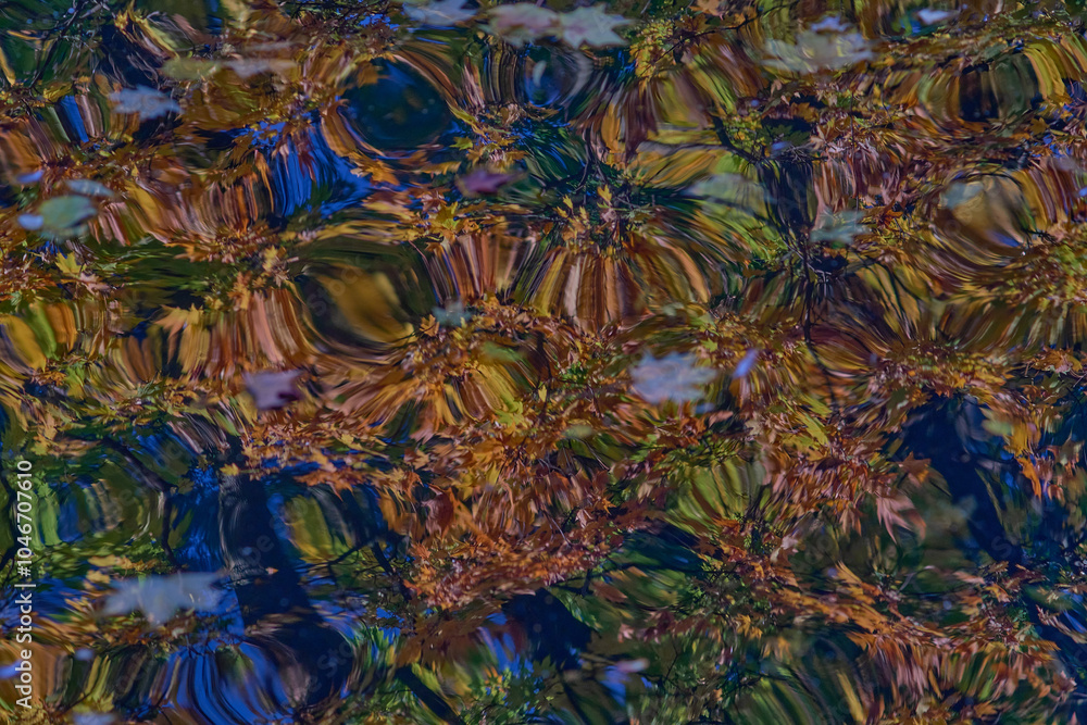 Abstract view of autumn trees reflected in rippling water, blending vibrant green, orange, and blue hues to create a mesmerizing, wavy pattern Abstract view of autumn trees reflected in rippling water, blending vibrant green, orange, and blue hues to create a mesmerizing, wavy pattern