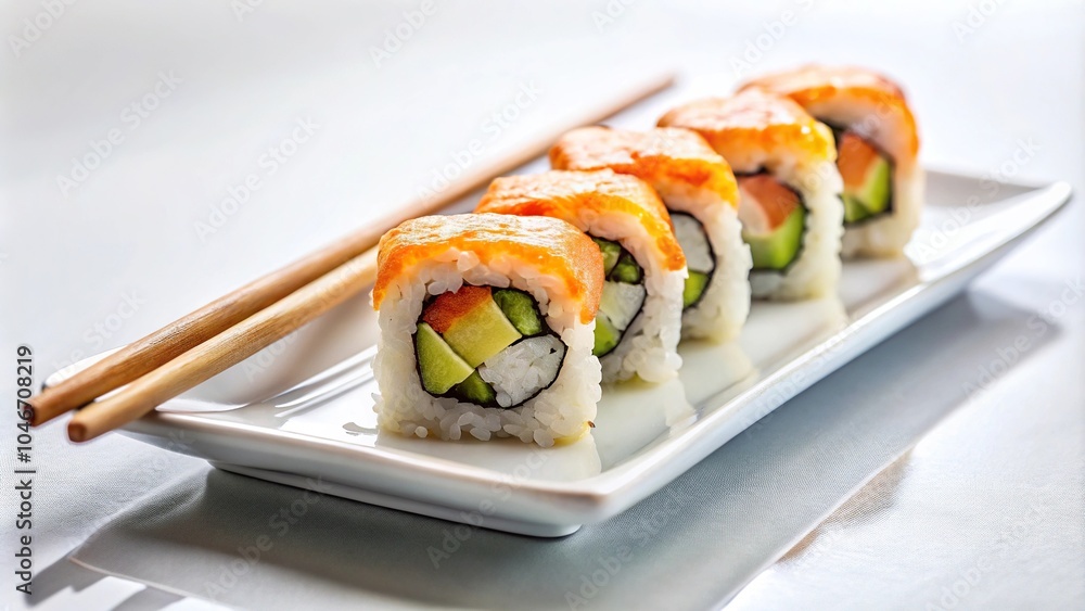 sushi on white plate with chopsticks, macro shot sushi on white plate with chopsticks, macro shot