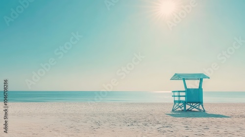 A lone lifeguard stand on a pristine sandy beach with a bright blue sky and a shining sun.