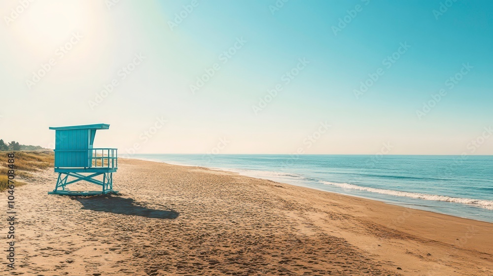 A blue lifeguard stand on a sandy beach with a bright blue sky and calm waves. A blue lifeguard stand on a sandy beach with a bright blue sky and calm waves.