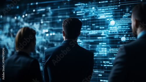 The HR development team, standing in front of a digital screen with a layered employee chart, promoting a candidate to a leadership role, emphasizing strong leadership development.