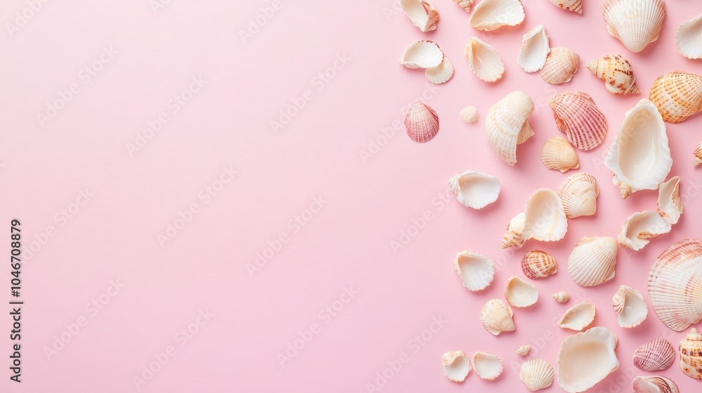 Photo of, Pink background with scattered seashells for design, banner template Photo of, Pink background with scattered seashells for design, banner template
