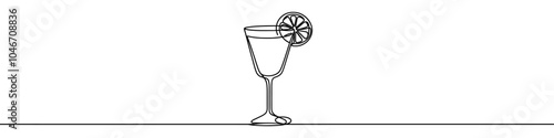 Continuous line drawing of cocktail glass with slice of lemon