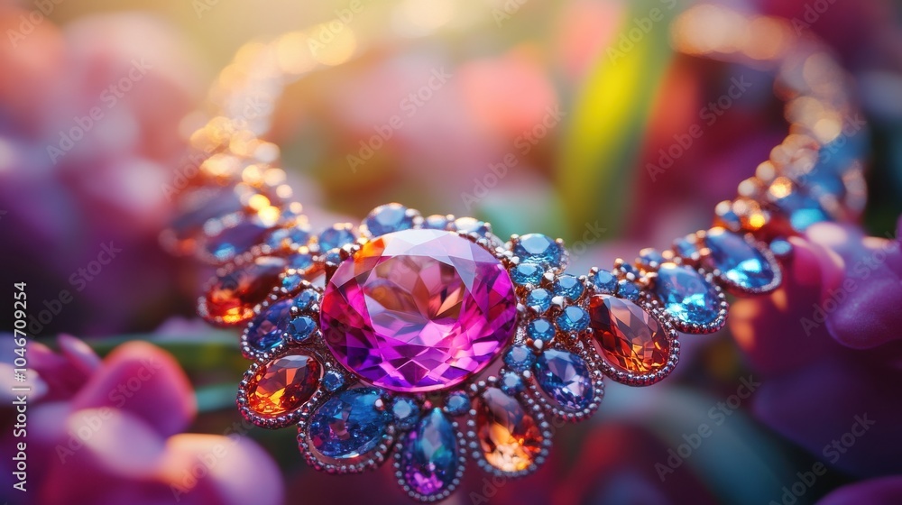 Colorful gemstone necklace with a vibrant tourmaline as the centerpiece, 4K hyperrealistic photo Colorful gemstone necklace with a vibrant tourmaline as the centerpiece, 4K hyperrealistic photo