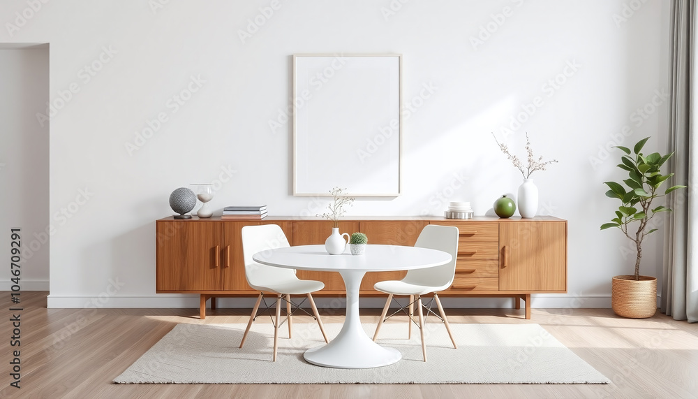 Scandinavian Dining Area with Blank Floating Frame Display Scandinavian Dining Area with Blank Floating Frame Display