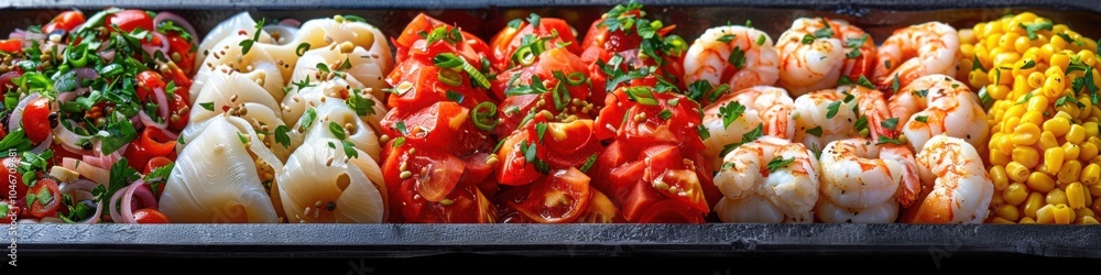 A horizontal tray filled with a variety of colorful ingredients including tomatoes shrimp corn and fresh herbs
A horizontal tray filled with a variety of colorful ingredients including tomatoes shrimp corn and fresh herbs