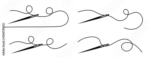 Needle and Thread Isolated on White Set. Fashion design and clothes repair vector art. Manufacturing fabric theme.