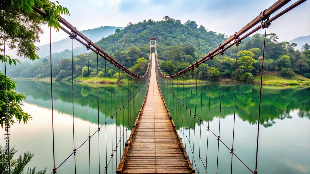 Obraz premium Suspension bridge over Majang Lake isolated on white background with clipping path