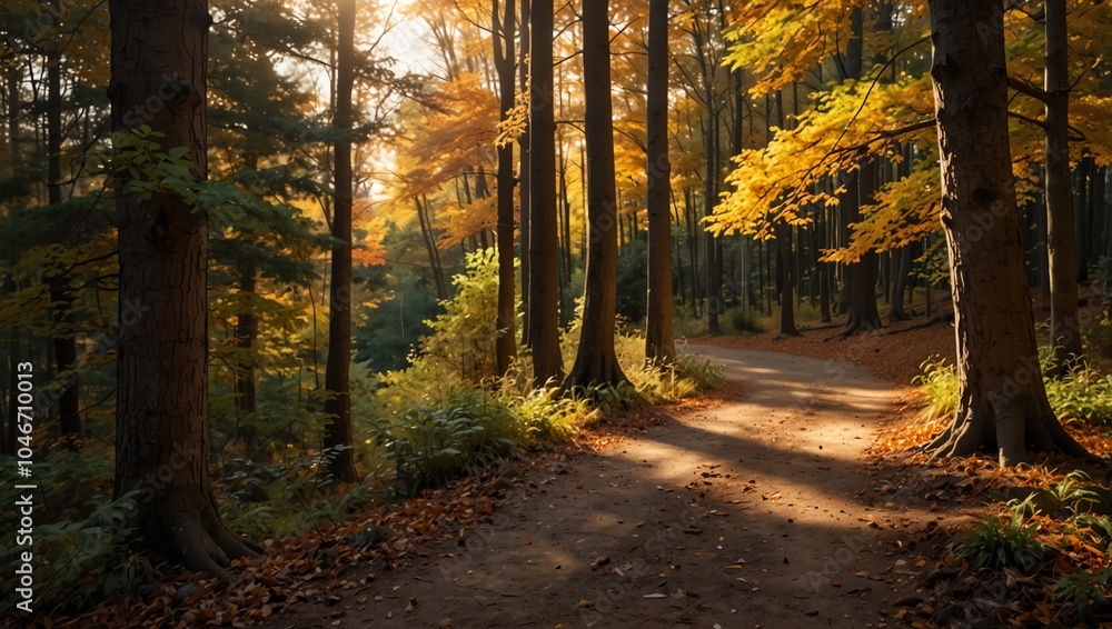Fototapeta premium autumn in the forest , A dirt path winds through an autumn forest, with sunlight streaming through the trees