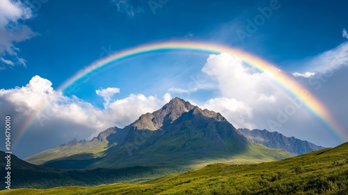 A vibrant rainbow arching over a towering mountain range after a rainstorm, symbolizing nature’s beauty and resilience for International Mountain Day 