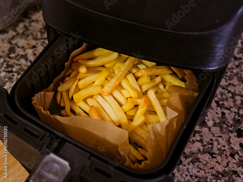 Fotografie Air fryer with homemade grilled potatoes and greaseproof paper