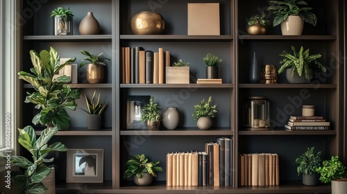 Cozy Minimalist Home Decor Shelves Displaying Houseplants and Books: Zoom Virtual Background, Cozy Interior Backdrop, Living Room Background for Virtual Meetings, Deep and Sophisticated