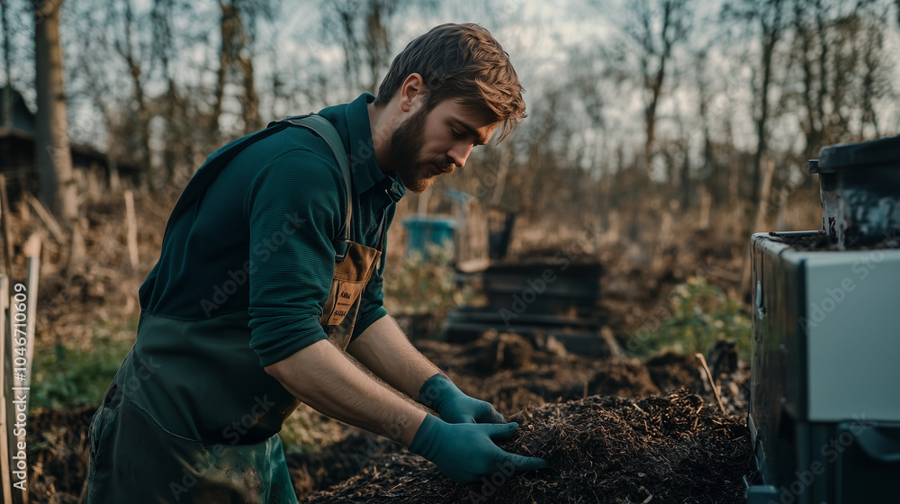 A farmer monitoring an automated composting machine, processing waste into organic fertilizer for the crops. A farmer monitoring an automated composting machine, processing waste into organic fertilizer for the crops.
