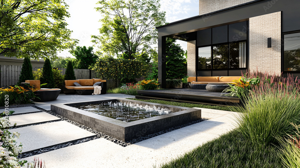 Fototapeta premium A modern backyard with a geometric water