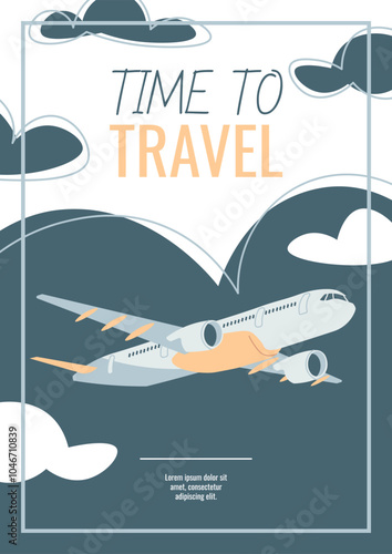 Flyer design travel. Poster with a plane flying in the sky. Travel around the world, summer vacation. Banner for a travel agency.